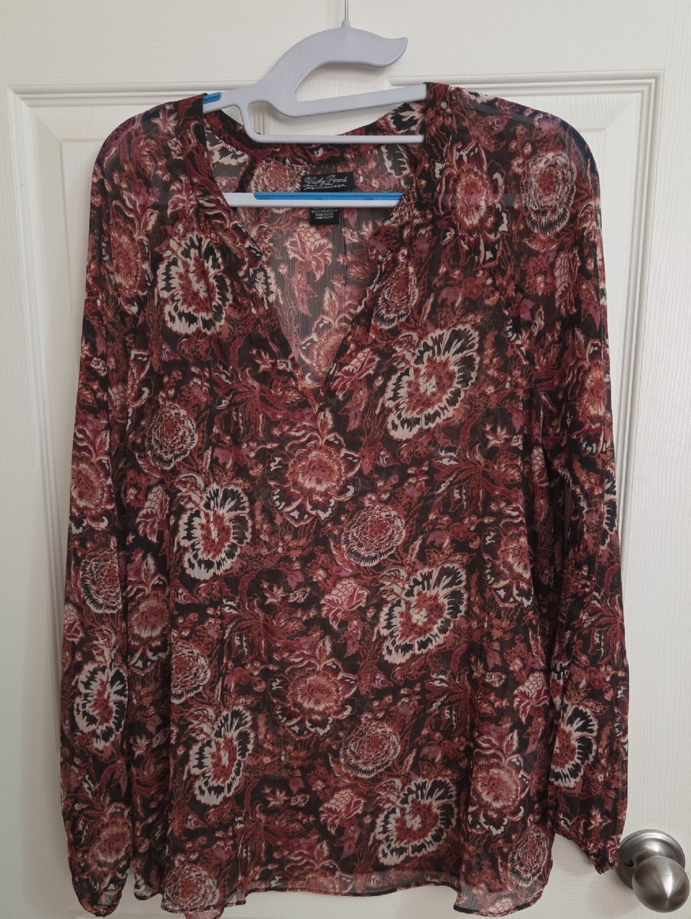 Lucky Brand Burgundy Floral V-Neck Sheer Blouse